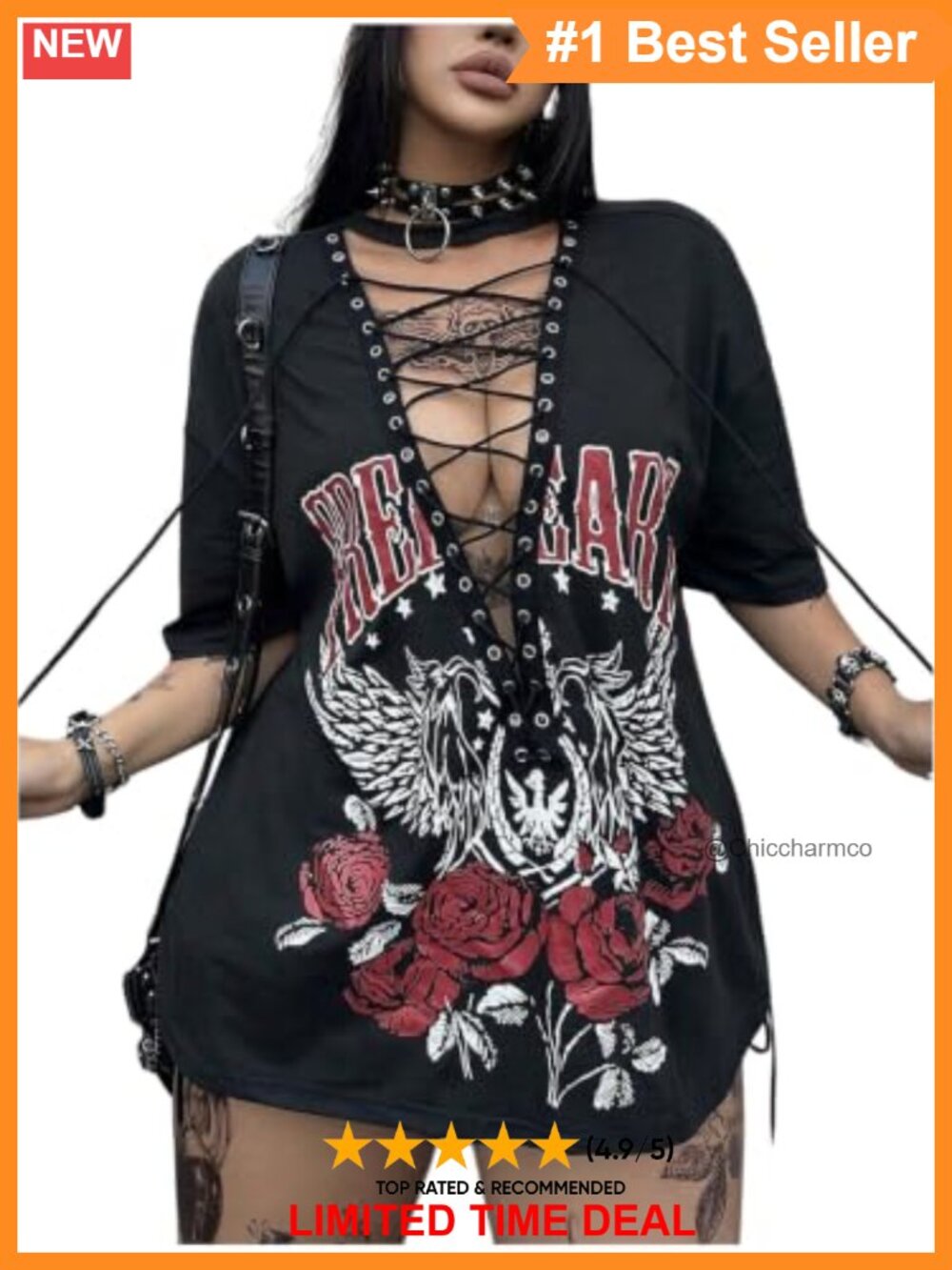 Plus Size Gothic Graphic Tee Deep V Neck Lace Up Y2K Grunge Punk Top